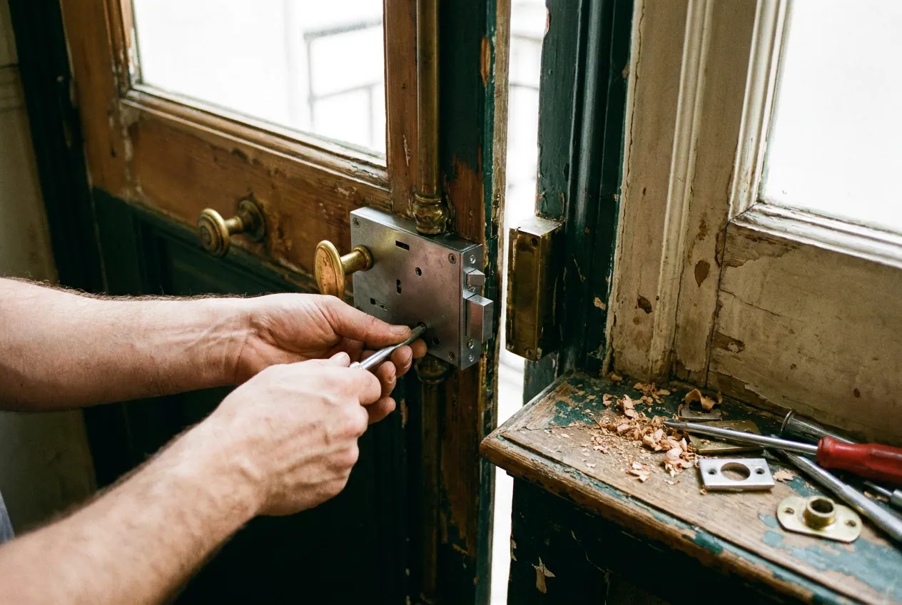 Porte palière d'immeuble haussmannien des Batignolles, Paris 17e, avec serrure de sécurité